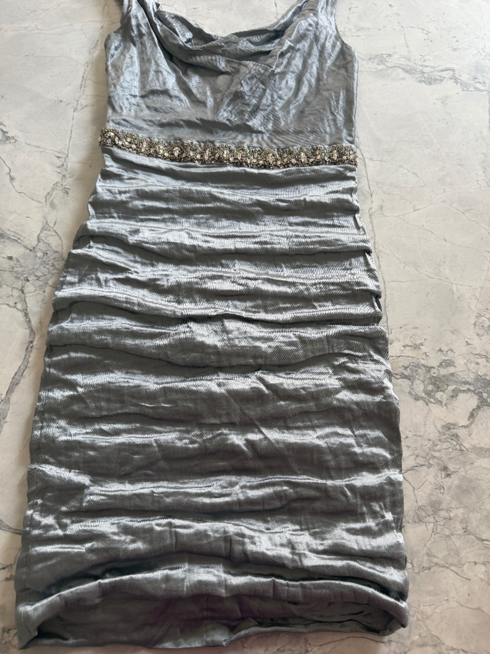 Nicole Miller Ruche Dress Blue Grey Silk Size 4